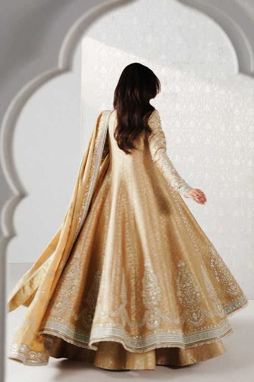 AYAM champagne gold Jamawar Angrakha by Saad Bin Shahzad