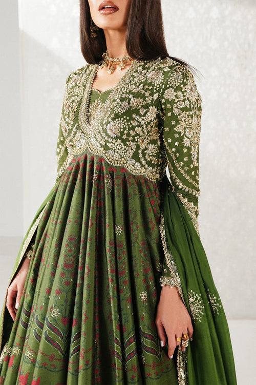 Habyah deep green printed pishwas with grand flare