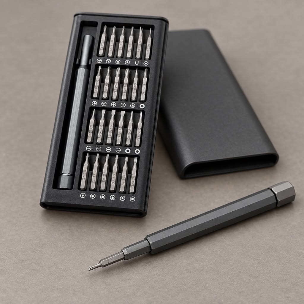 Close-up of magnetic screwdriver bits in a 24-in-1 precision repair tool kit