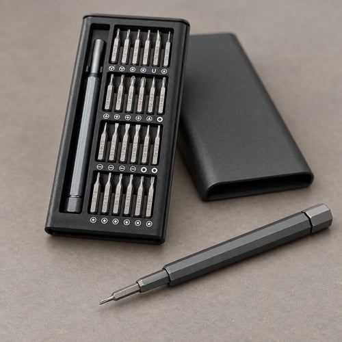 Close-up of magnetic screwdriver bits in a 24-in-1 precision repair tool kit